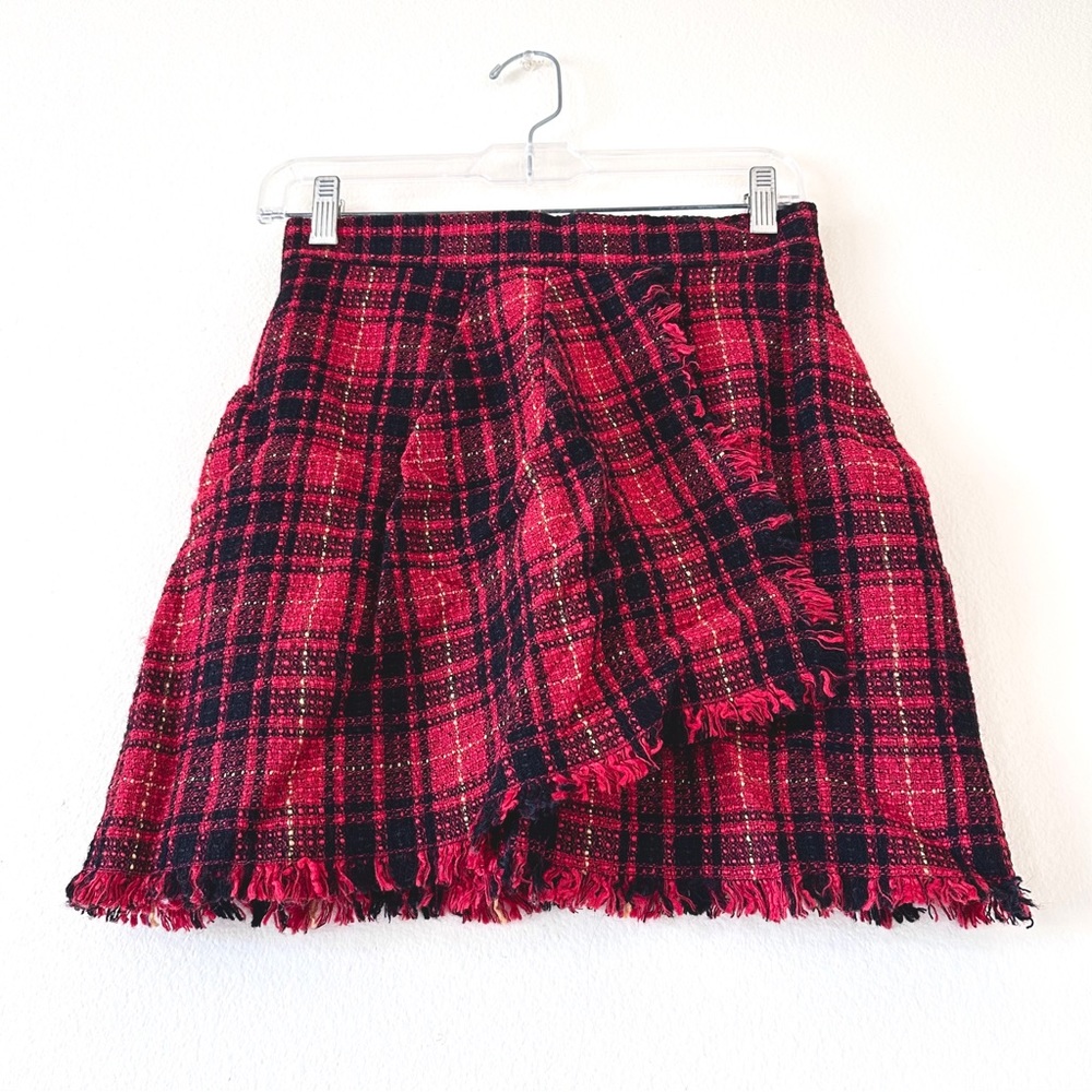 red plaid knit mini skirt
